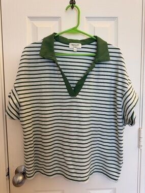 Kim & Cami Green and White Striped Polo Knit Top